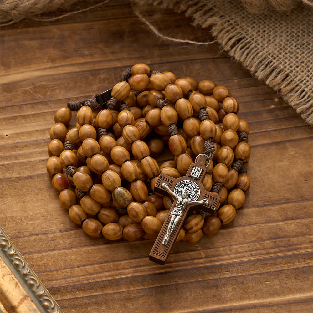 Christianartworkshop Traditional Rustic Oval Wood 15-Decade Rosary with St. Benedict Centerpiece - image 2