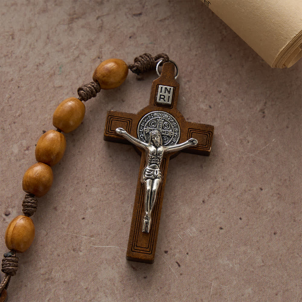 Christianartworkshop Traditional Rustic Oval Wood 15-Decade Rosary with St. Benedict Centerpiece - image 6