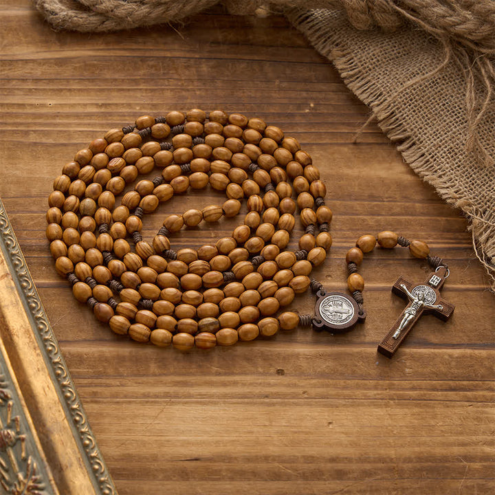Christianartworkshop Traditional Rustic Oval Wood 15-Decade Rosary with St. Benedict Centerpiece - image 3