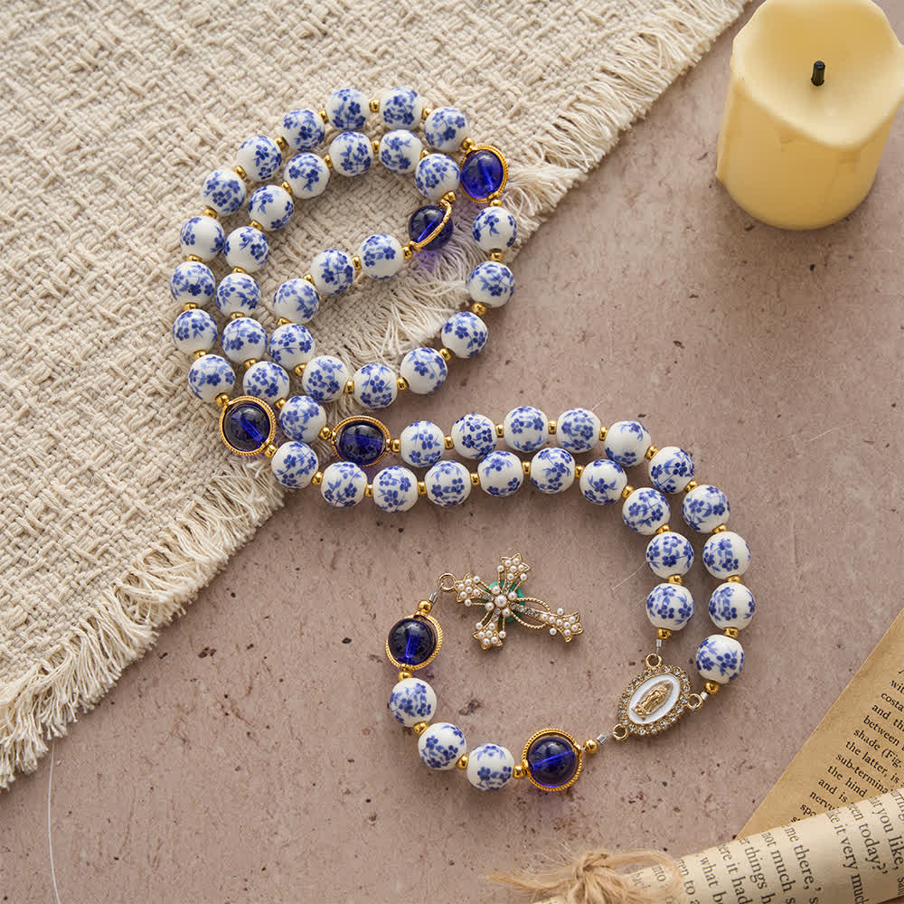 Christianartworkshop Blue & White Floral Ceramic Rosary with Elegant Marian Devotion - image 2