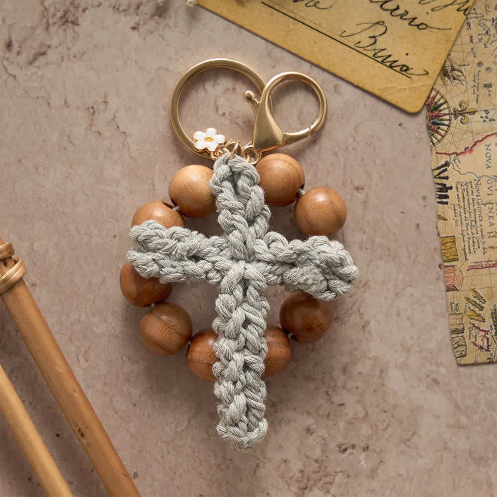 Christianartworkshop  Sandalwood Bead Pocket Rosary & Keychain with Multicolor Handmade Crochet Cross - image 3