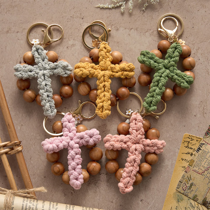 Christianartworkshop Peach Wood Bead Pocket Rosary & Keychain with Multicolor Handmade Crochet Cross - image 0