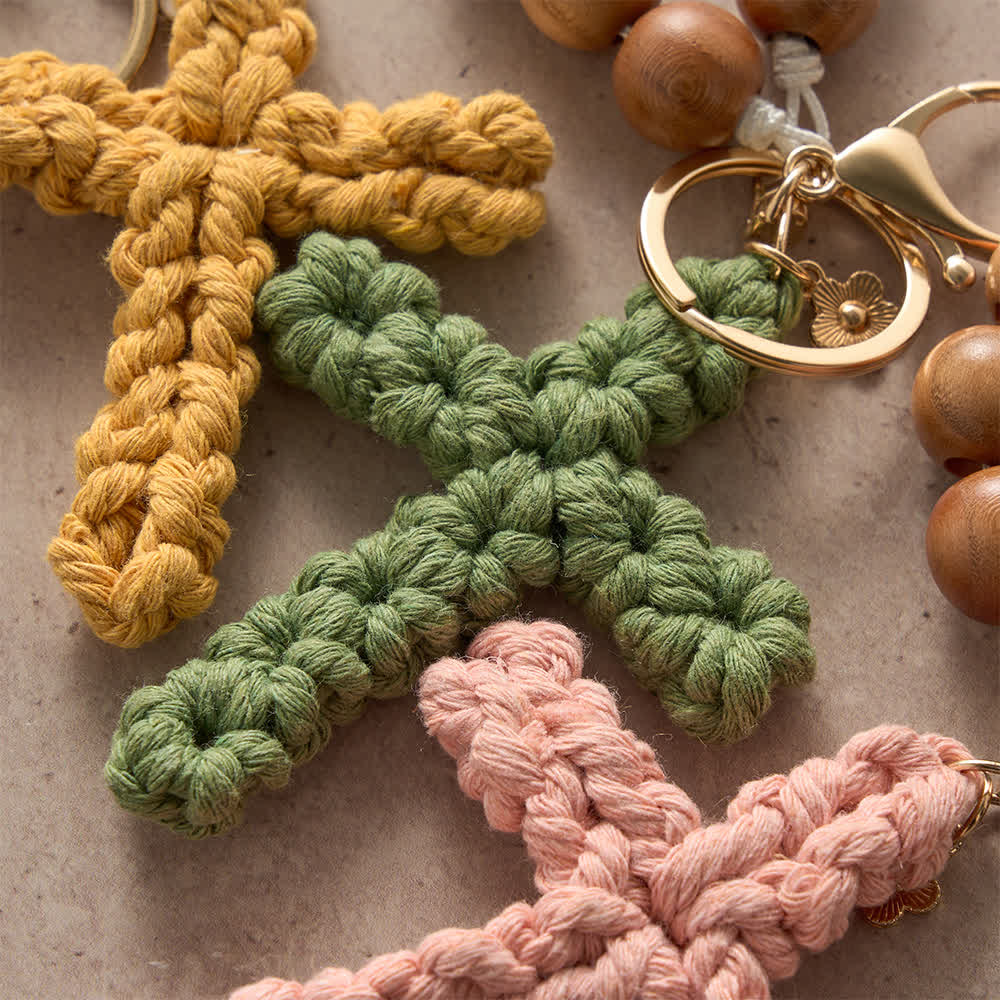 Christianartworkshop Peach Wood Bead Pocket Rosary & Keychain with Multicolor Handmade Crochet Cross - image 12