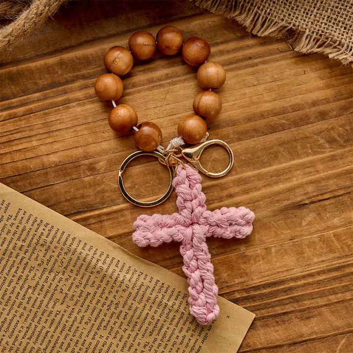 Christianartworkshop Peach Wood Bead Pocket Rosary & Keychain with Multicolor Handmade Crochet Cross - Light Pink - image 10