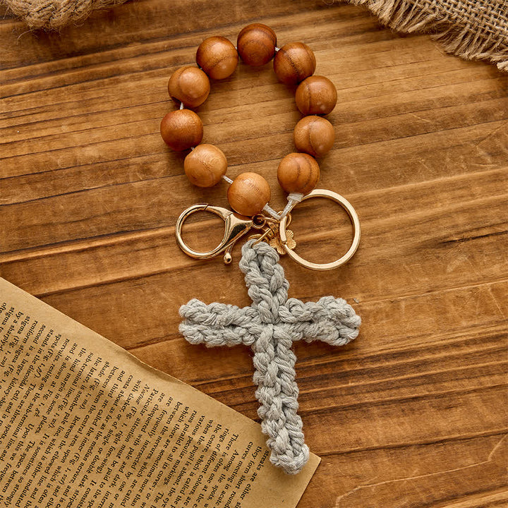 Christianartworkshop Peach Wood Bead Pocket Rosary & Keychain with Multicolor Handmade Crochet Cross - Blue - image 4
