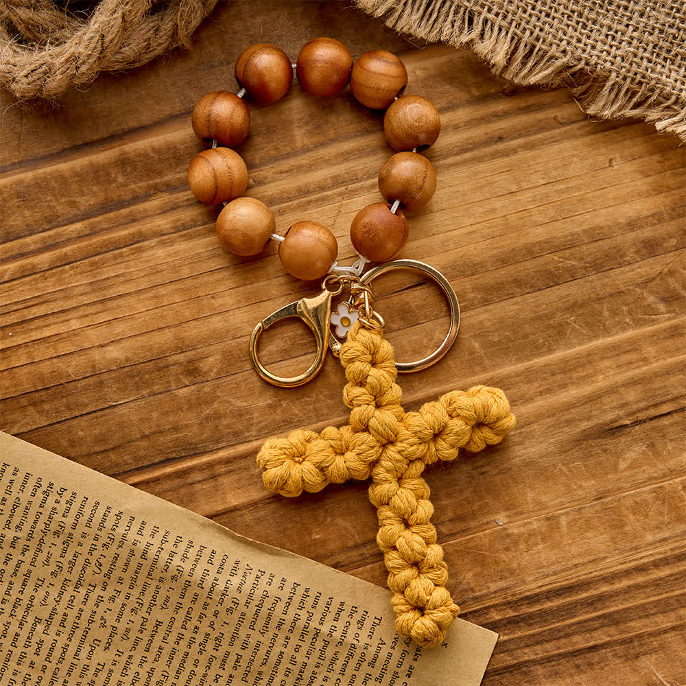 Christianartworkshop Peach Wood Bead Pocket Rosary & Keychain with Multicolor Handmade Crochet Cross - Yellow - image 6