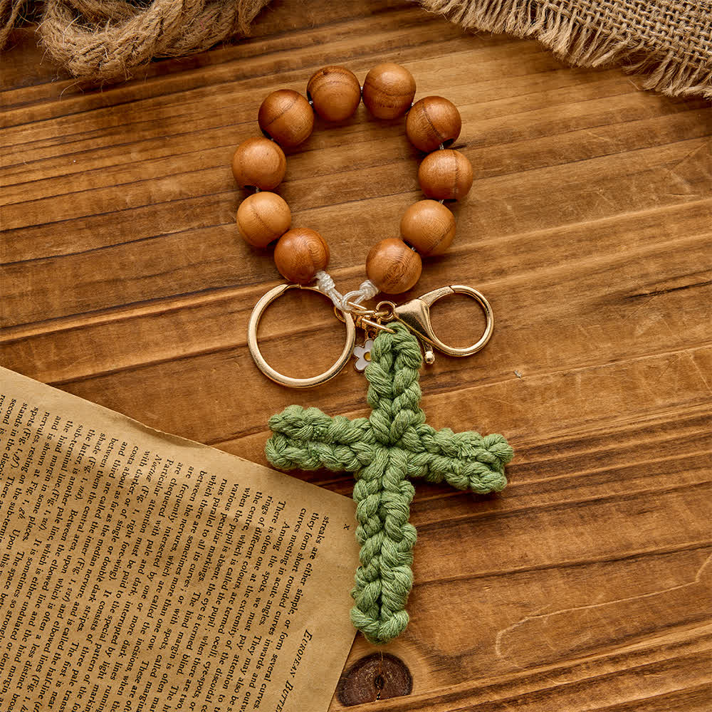 Christianartworkshop  Sandalwood Bead Pocket Rosary & Keychain with Multicolor Handmade Crochet Cross - Green - image 8