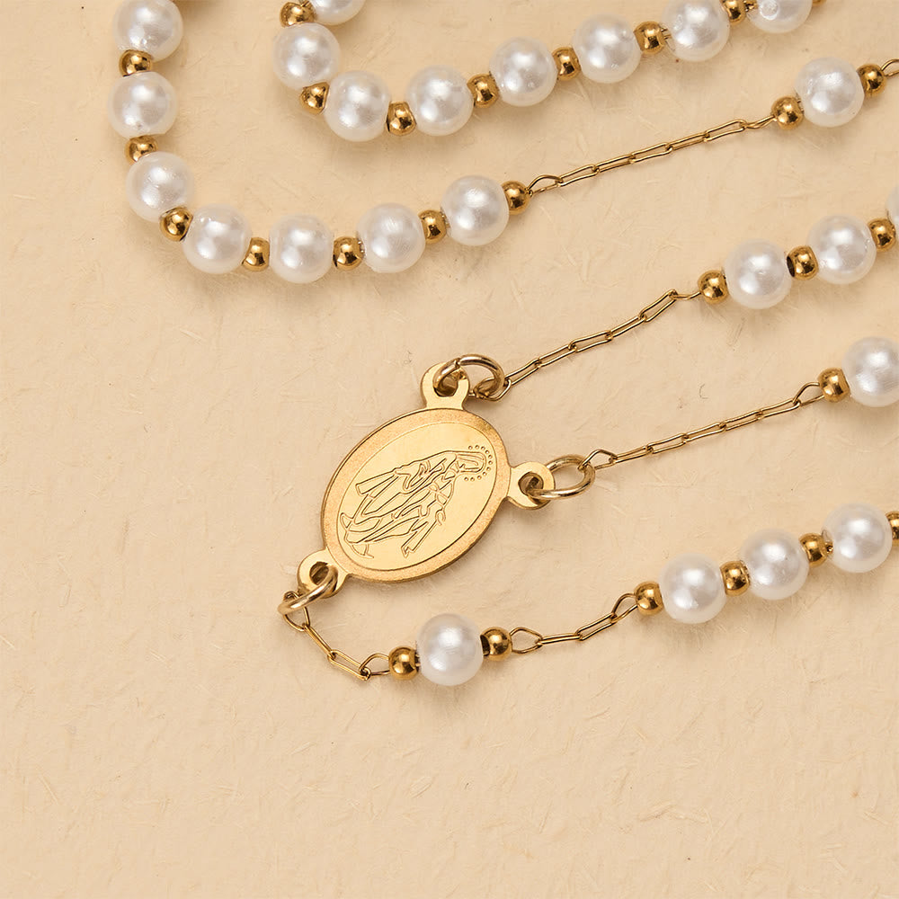 Christianartworkshop Faceted Crystal & Imitation Pearl Bead Minimal Our Lady Rosary with Flat Cross Pendant - image 7