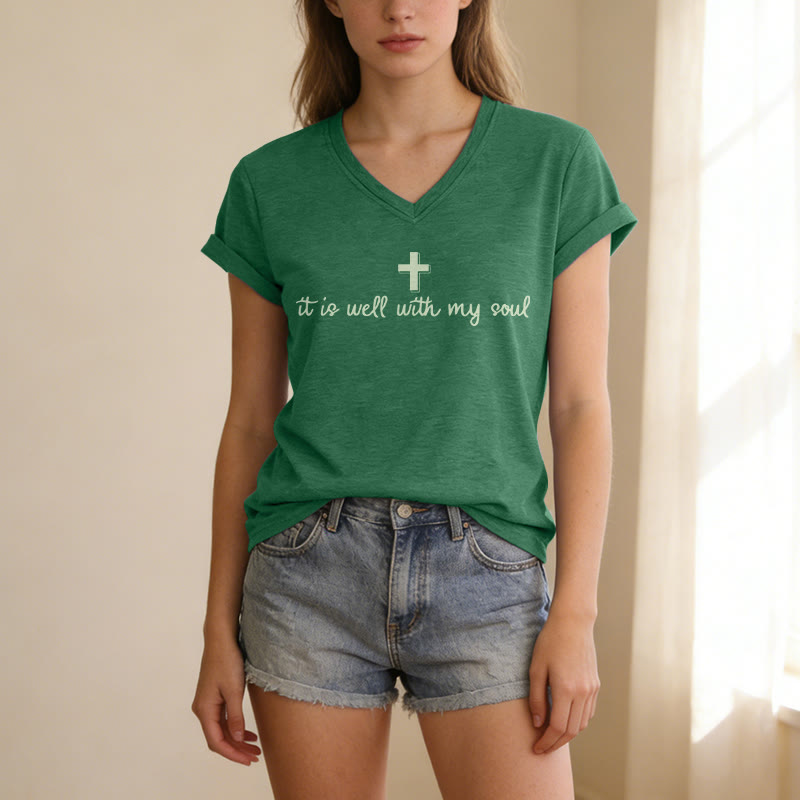 Christianartworkshop It Is Well With My Soul Cross Script Casual V-neck T-shirt - image 19