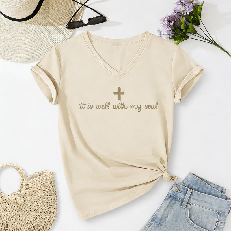 Christianartworkshop It Is Well With My Soul Cross Script Casual V-neck T-shirt - Beige - 2XL - image 4