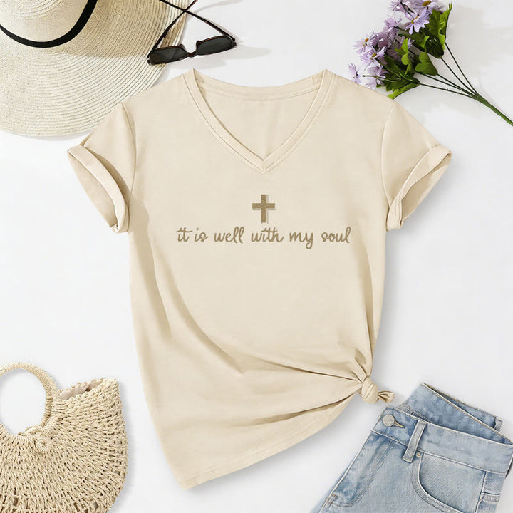 Christianartworkshop It Is Well With My Soul Cross Script Casual V-neck T-shirt - Beige - 2XL - image 4