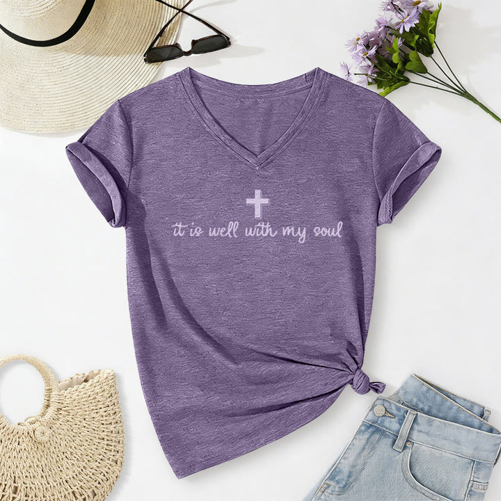 Christianartworkshop It Is Well With My Soul Cross Script Casual V-neck T-shirt - Purple - 2XL - image 20