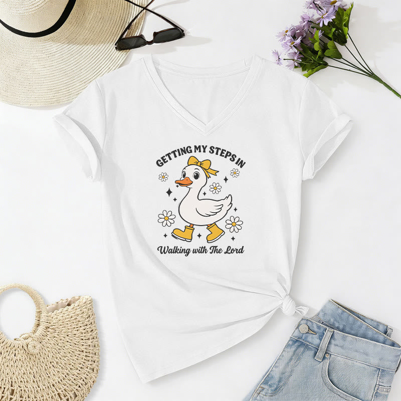 Christianartworkshop Getting My Steps In Walking With The Lord Cartoon Duck Daisy Casual V-neck T-shirt - White - 2XL - image 16