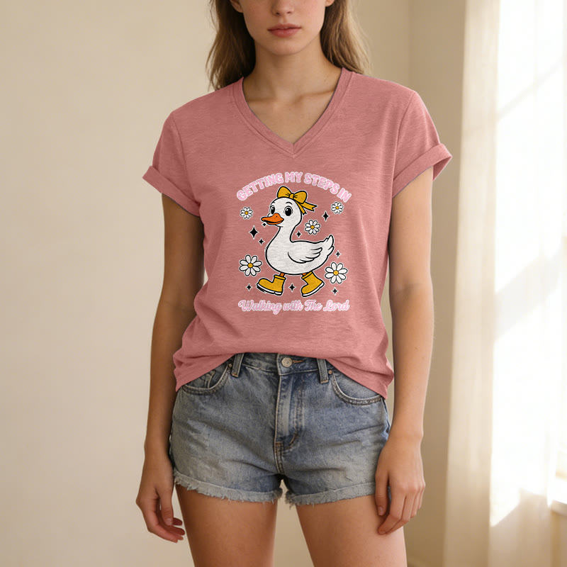 Christianartworkshop Getting My Steps In Walking With The Lord Cartoon Duck Daisy Casual V-neck T-shirt - image 9