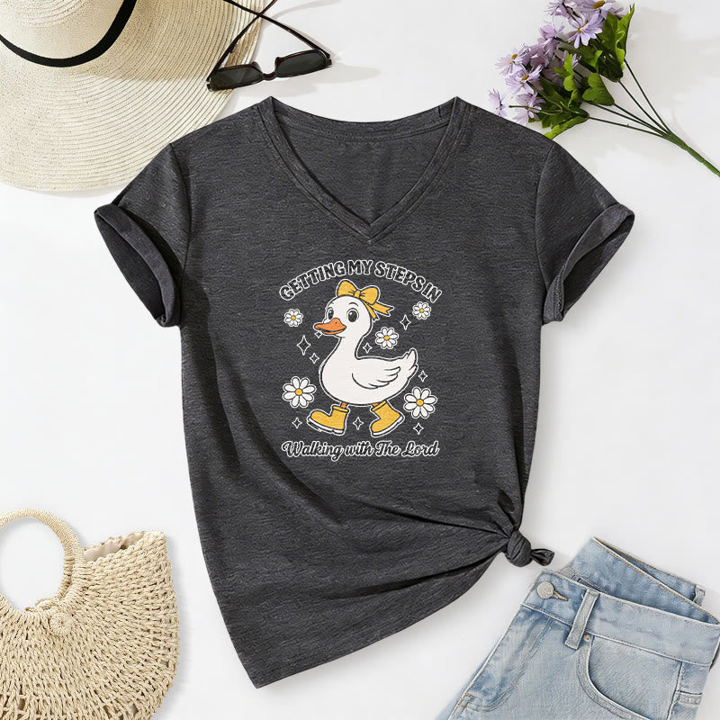 Christianartworkshop Getting My Steps In Walking With The Lord Cartoon Duck Daisy Casual V-neck T-shirt - Dark Grey - 2XL - image 4
