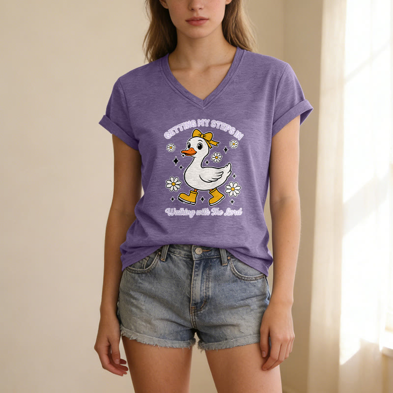 Christianartworkshop Getting My Steps In Walking With The Lord Cartoon Duck Daisy Casual V-neck T-shirt - image 1