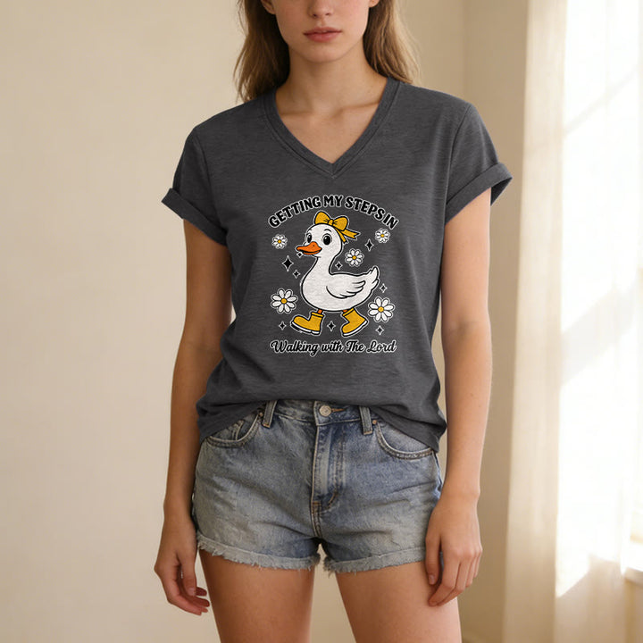 Christianartworkshop Getting My Steps In Walking With The Lord Cartoon Duck Daisy Casual V-neck T-shirt - image 5