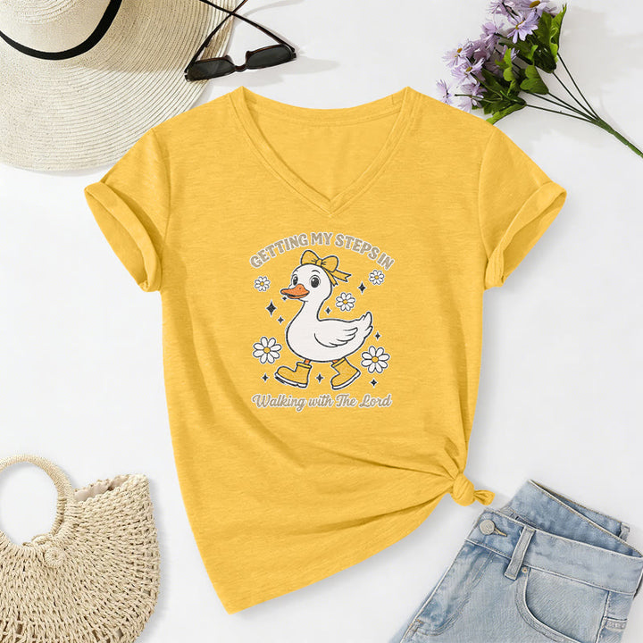 Christianartworkshop Getting My Steps In Walking With The Lord Cartoon Duck Daisy Casual V-neck T-shirt - Yellow - 2XL - image 12