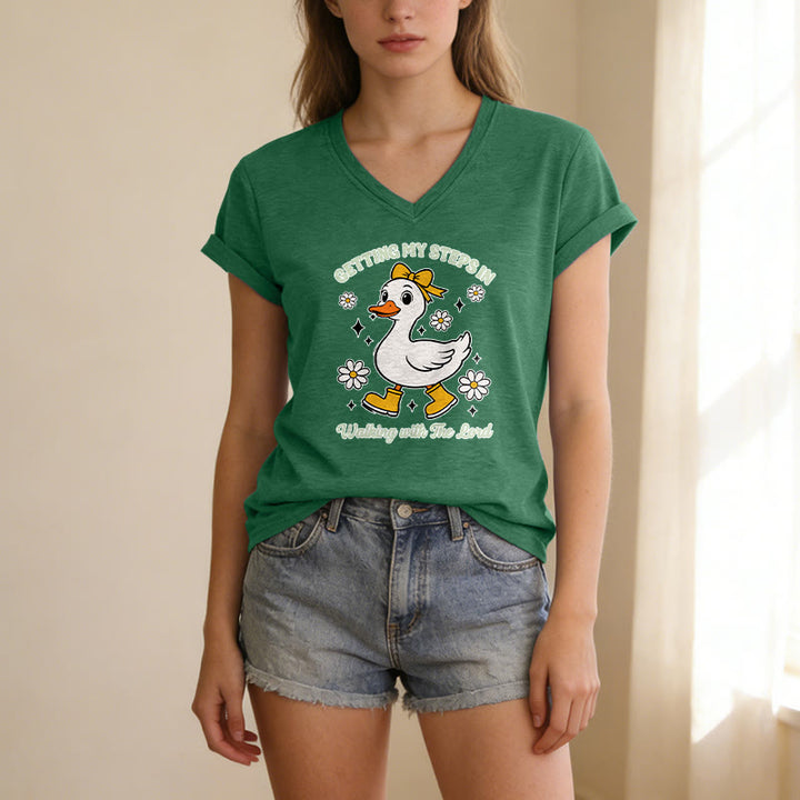 Christianartworkshop Getting My Steps In Walking With The Lord Cartoon Duck Daisy Casual V-neck T-shirt - image 21