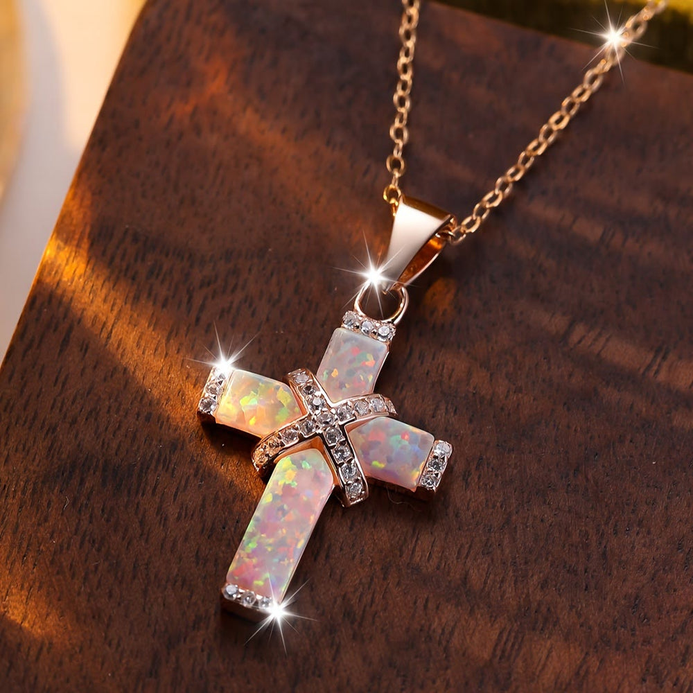 Christianartworkshop Inlaid Opal Layered Cross Pendant Paved Zircon Thin Cable Chain Necklace: A Symbol of Pure Faith - image 1