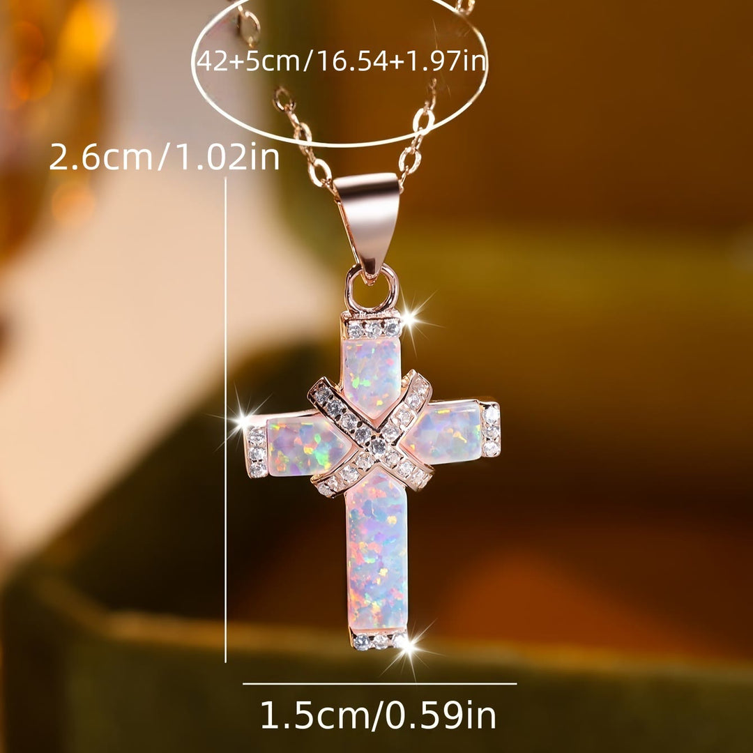 Christianartworkshop Inlaid Opal Layered Cross Pendant Paved Zircon Thin Cable Chain Necklace: A Symbol of Pure Faith - image 3