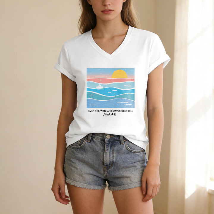 Christianartworkshop Even The Wind And Waves Obey Him Mark 4:41 Ocean Sunset Graphic Casual V-neck T-shirt - image 19