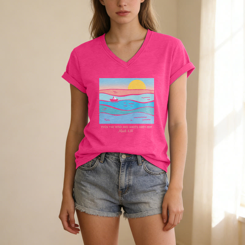 Christianartworkshop Even The Wind And Waves Obey Him Mark 4:41 Ocean Sunset Graphic Casual V-neck T-shirt - image 3