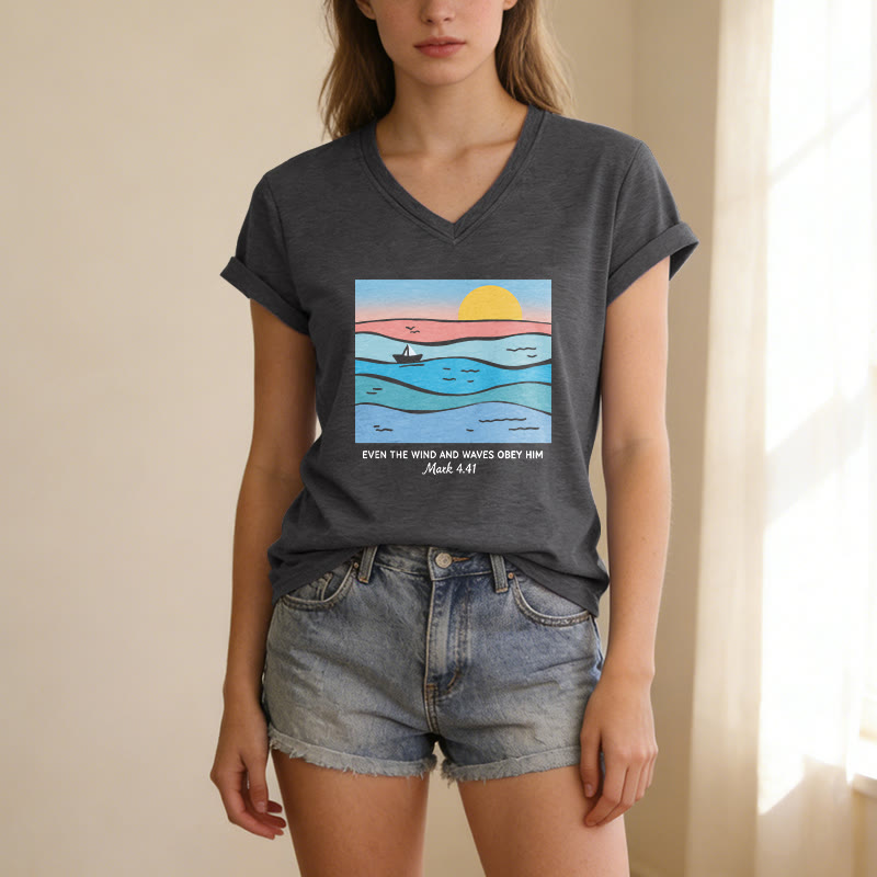 Christianartworkshop Even The Wind And Waves Obey Him Mark 4:41 Ocean Sunset Graphic Casual V-neck T-shirt - image 9