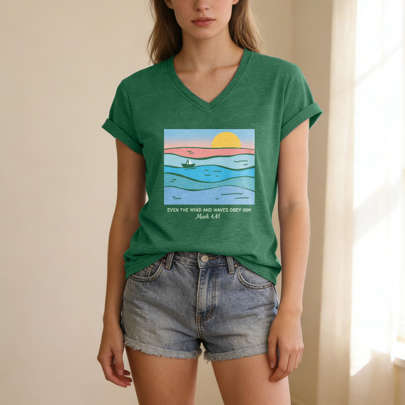 Christianartworkshop Even The Wind And Waves Obey Him Mark 4:41 Ocean Sunset Graphic Casual V-neck T-shirt - image 23