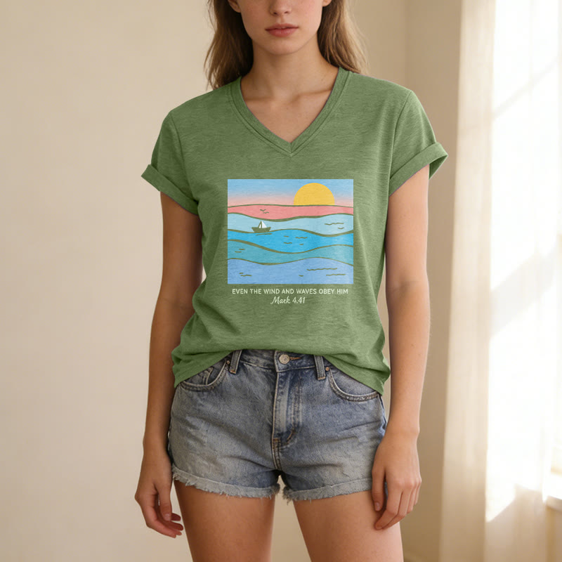 Christianartworkshop Even The Wind And Waves Obey Him Mark 4:41 Ocean Sunset Graphic Casual V-neck T-shirt - image 17