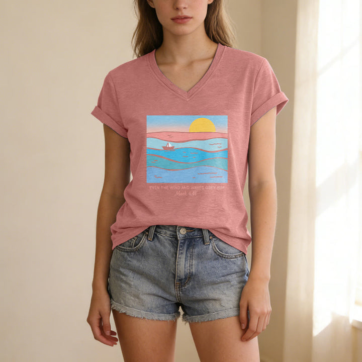 Christianartworkshop Even The Wind And Waves Obey Him Mark 4:41 Ocean Sunset Graphic Casual V-neck T-shirt - image 11