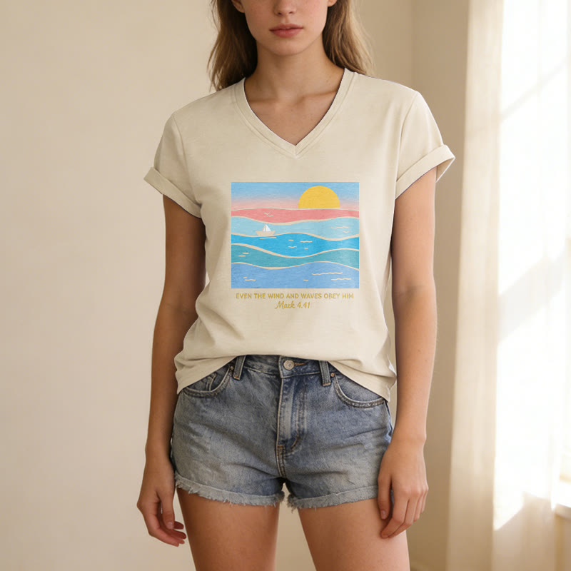 Christianartworkshop Even The Wind And Waves Obey Him Mark 4:41 Ocean Sunset Graphic Casual V-neck T-shirt - image 1