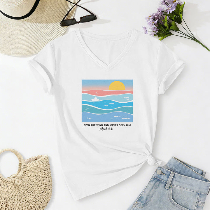 Christianartworkshop Even The Wind And Waves Obey Him Mark 4:41 Ocean Sunset Graphic Casual V-neck T-shirt - White - 2XL - image 18