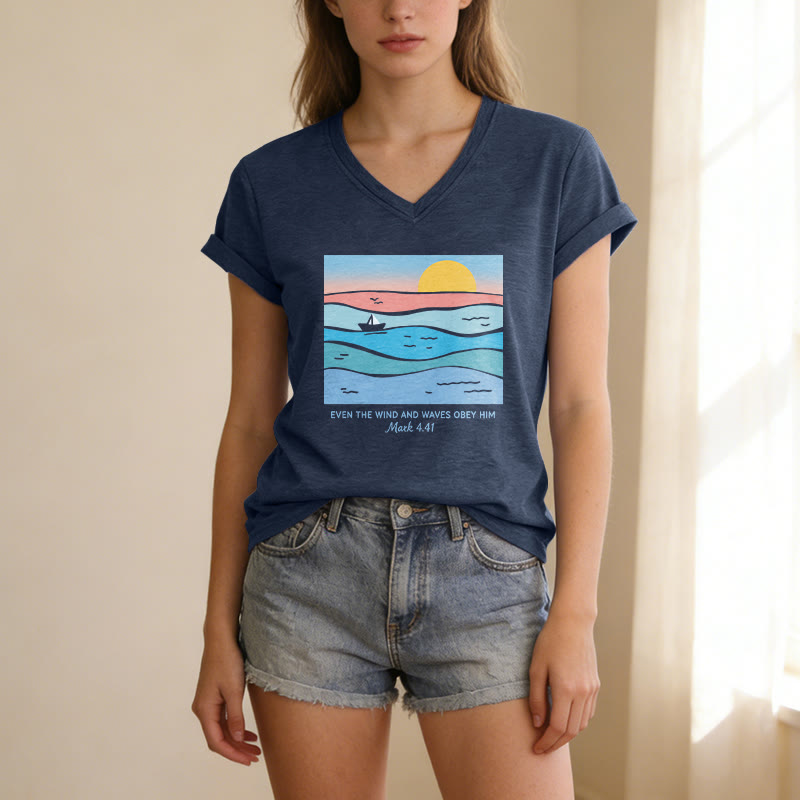 Christianartworkshop Even The Wind And Waves Obey Him Mark 4:41 Ocean Sunset Graphic Casual V-neck T-shirt - image 7