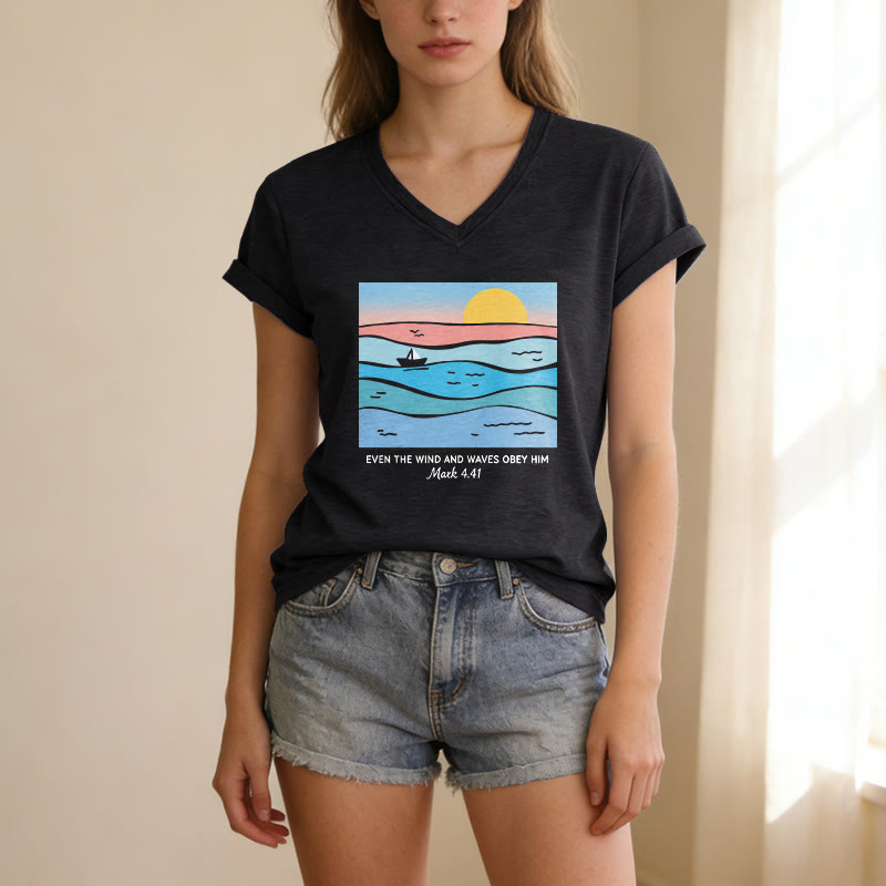 Christianartworkshop Even The Wind And Waves Obey Him Mark 4:41 Ocean Sunset Graphic Casual V-neck T-shirt - image 13