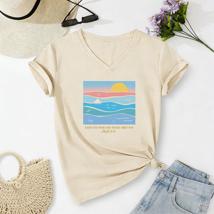 Christianartworkshop Even The Wind And Waves Obey Him Mark 4:41 Ocean Sunset Graphic Casual V-neck T-shirt - Beige - 2XL - image 0