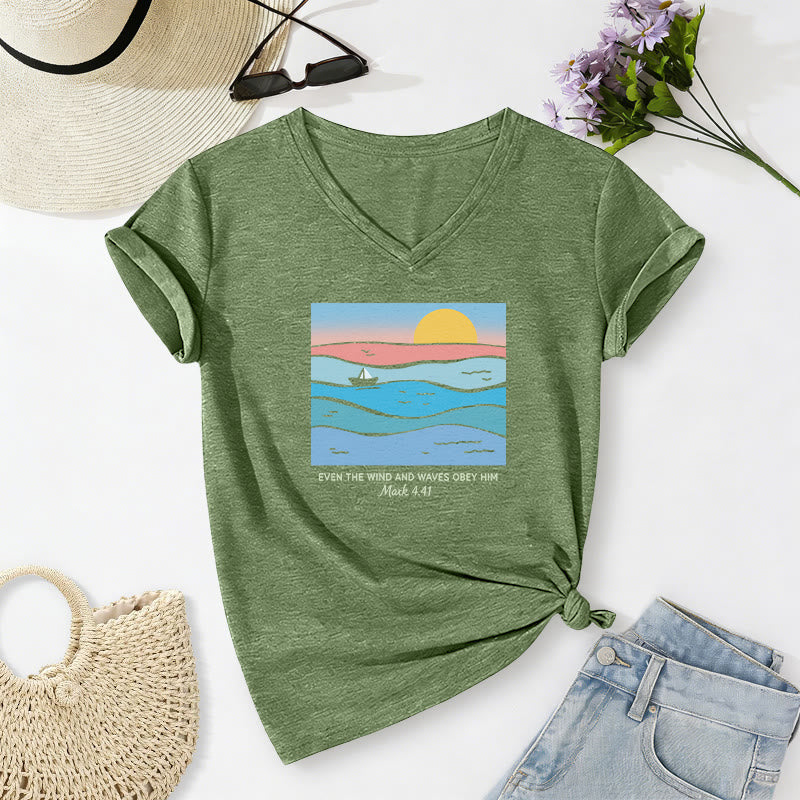 Christianartworkshop Even The Wind And Waves Obey Him Mark 4:41 Ocean Sunset Graphic Casual V-neck T-shirt - Olive Green - 2XL - image 16