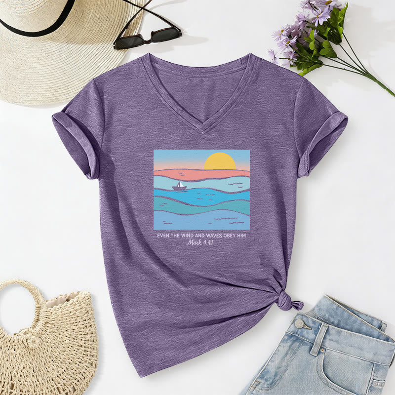 Christianartworkshop Even The Wind And Waves Obey Him Mark 4:41 Ocean Sunset Graphic Casual V-neck T-shirt - Purple - 2XL - image 4