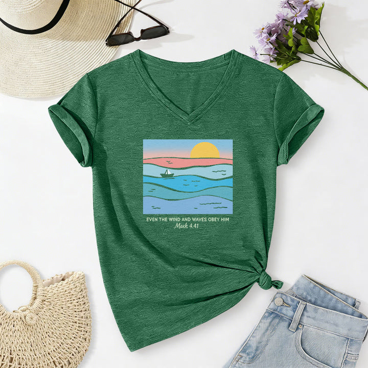 Christianartworkshop Even The Wind And Waves Obey Him Mark 4:41 Ocean Sunset Graphic Casual V-neck T-shirt - Dark Green - 2XL - image 22