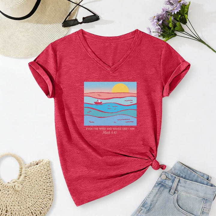 Christianartworkshop Even The Wind And Waves Obey Him Mark 4:41 Ocean Sunset Graphic Casual V-neck T-shirt - Red - 2XL - image 24