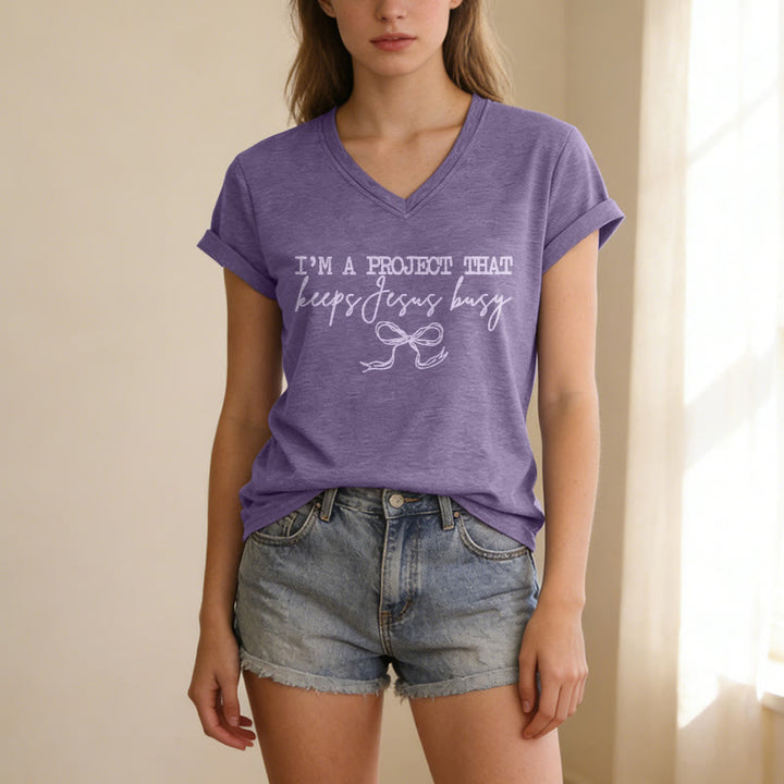 Christianartworkshop I am A Project That Keeps Jesus Busy Bow Script Casual V-neck T-shirt - image 3
