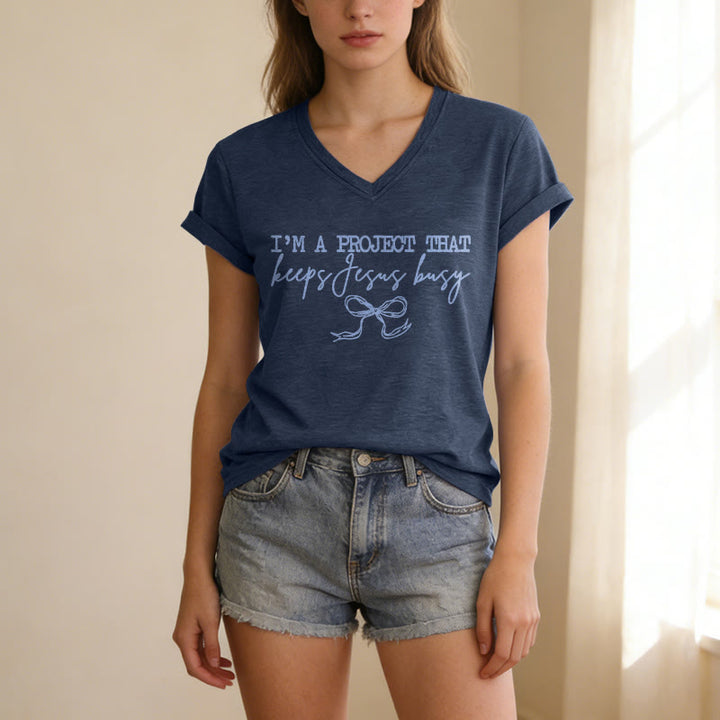 Christianartworkshop I am A Project That Keeps Jesus Busy Bow Script Casual V-neck T-shirt - image 5