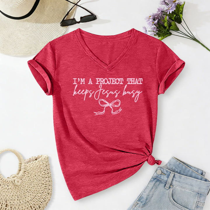 Christianartworkshop I am A Project That Keeps Jesus Busy Bow Script Casual V-neck T-shirt - Red - 2XL - image 24