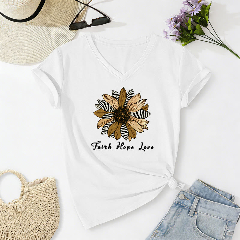 Christianartworkshop Faith Hope Love Zebra Print Sunflower Casual V-neck T-shirt - White - 2XL - image 20