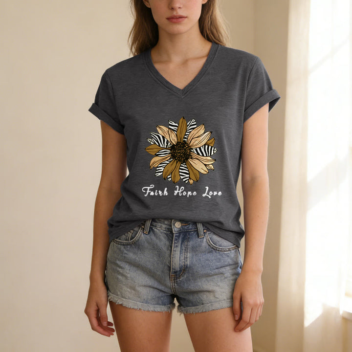 Christianartworkshop Faith Hope Love Zebra Print Sunflower Casual V-neck T-shirt - image 9