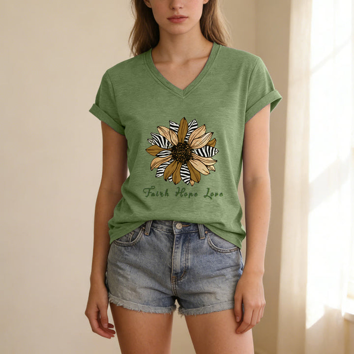 Christianartworkshop Faith Hope Love Zebra Print Sunflower Casual V-neck T-shirt - image 19
