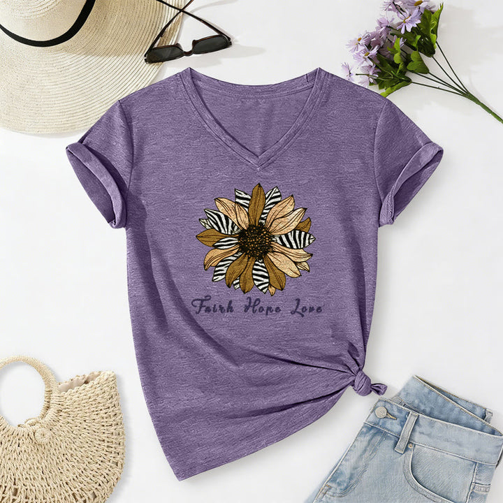 Christianartworkshop Faith Hope Love Zebra Print Sunflower Casual V-neck T-shirt - Purple - 2XL - image 4