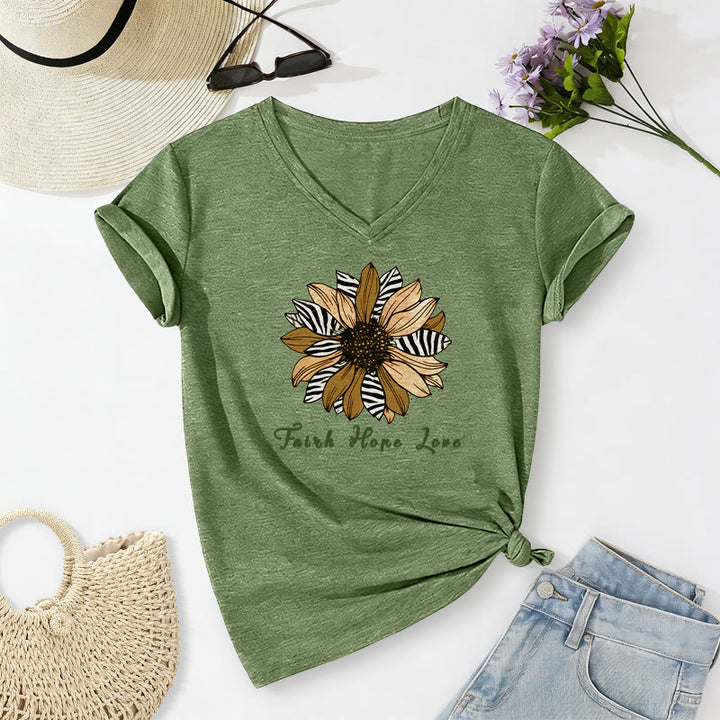 Christianartworkshop Faith Hope Love Zebra Print Sunflower Casual V-neck T-shirt - Olive Green - 2XL - image 18