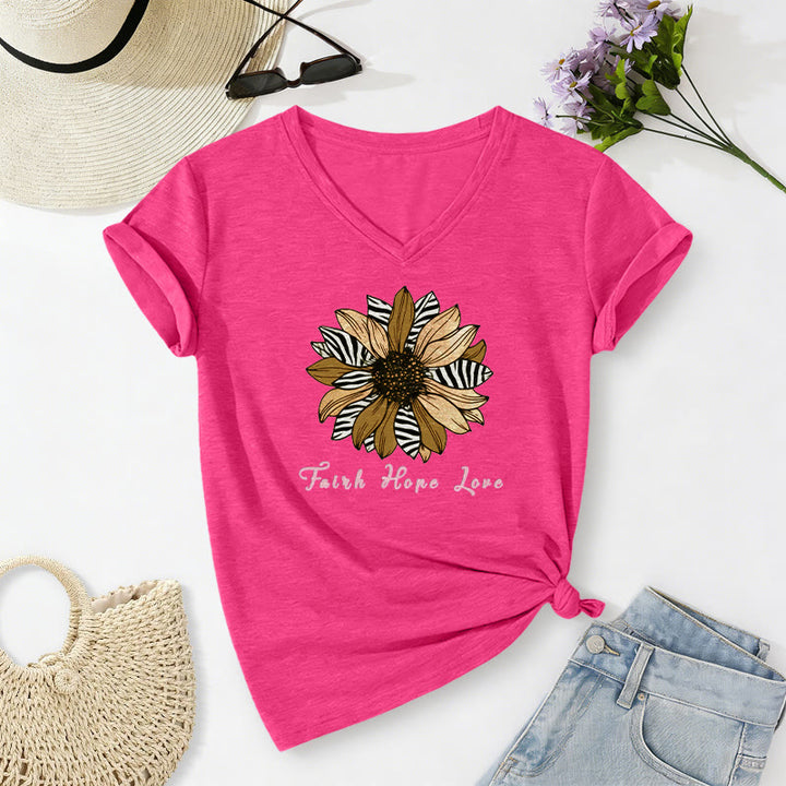 Christianartworkshop Faith Hope Love Zebra Print Sunflower Casual V-neck T-shirt - Rose - 2XL - image 2