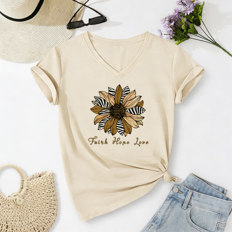 Christianartworkshop Faith Hope Love Zebra Print Sunflower Casual V-neck T-shirt - Beige - 2XL - image 10
